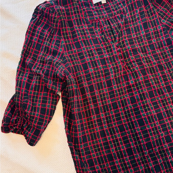 LOFT Black Red Green Gold Plaid V-Neck Blouse Puff Sleeve Top Women’s Shirt - Picture 6 of 16